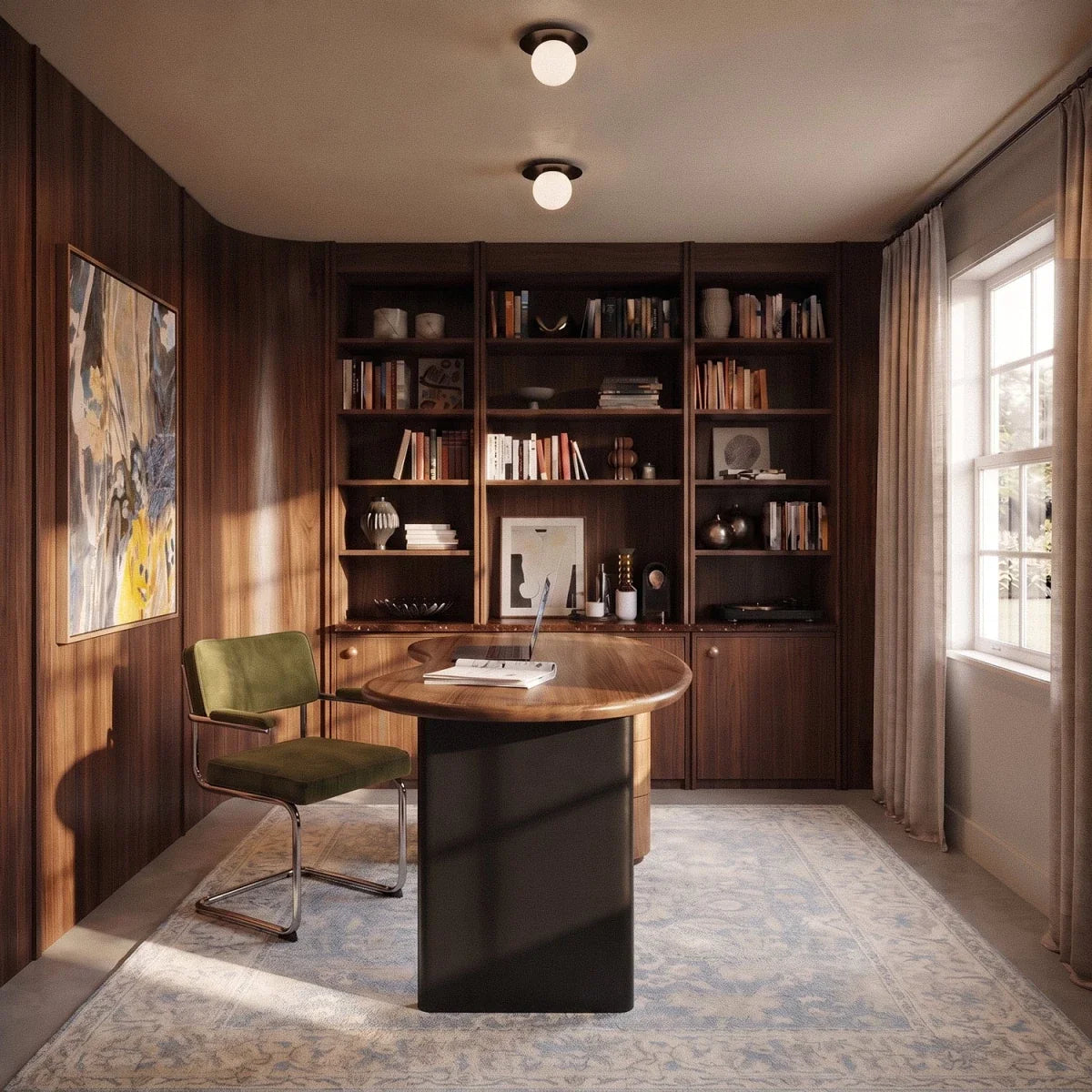 Two Clérachic ceiling lights in black, glowing above a walnut-paneled home office with a round desk.