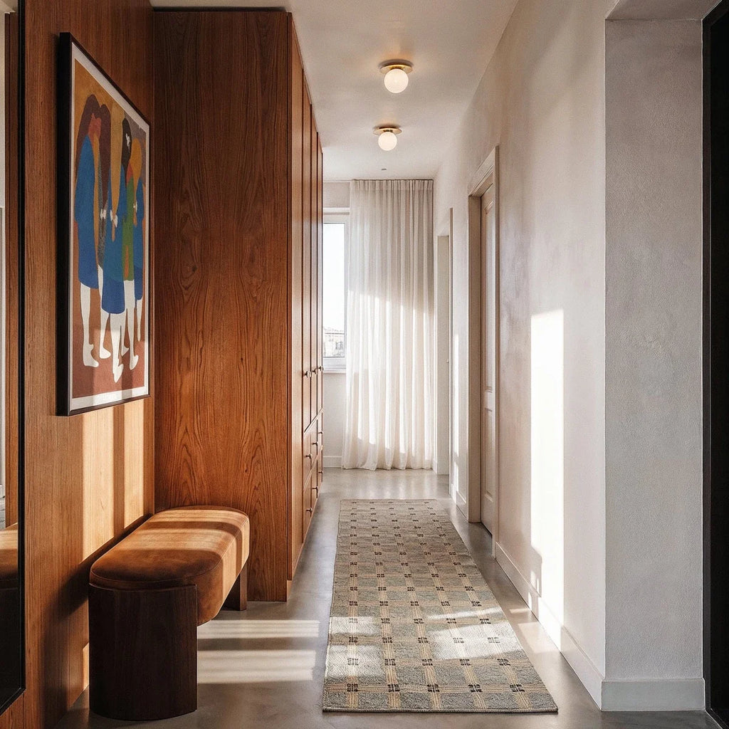 Clérachic's ceiling lights in black, lighting a hallway lined with wood cabinetry and a patterned runner.