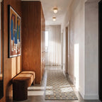 Clérachic's ceiling lights in black, lighting a hallway lined with wood cabinetry and a patterned runner.