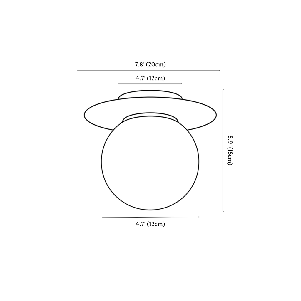 Clérachic ceiling light dimension drawing, every measurement marked in centimetres and inches.