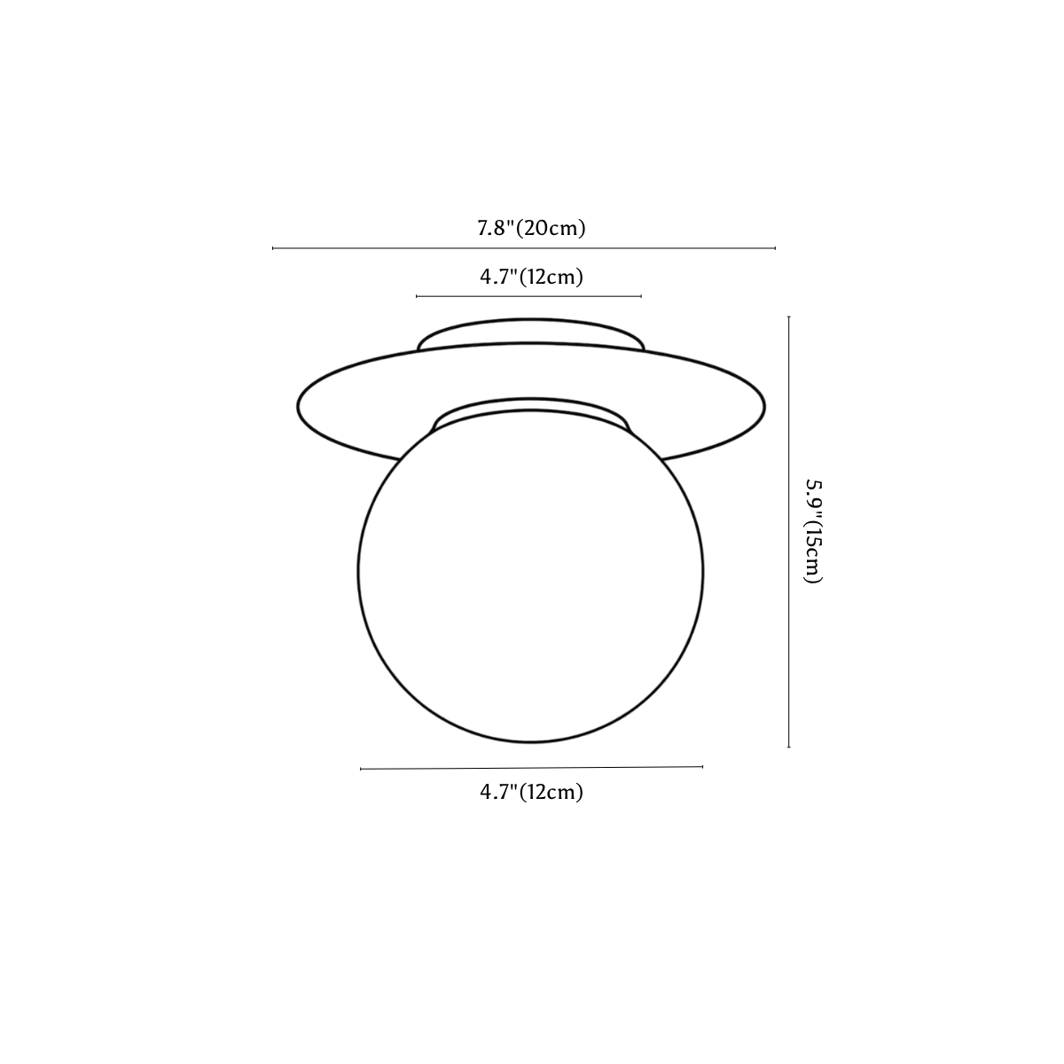 Clérachic ceiling light dimension drawing, every measurement marked in centimetres and inches.