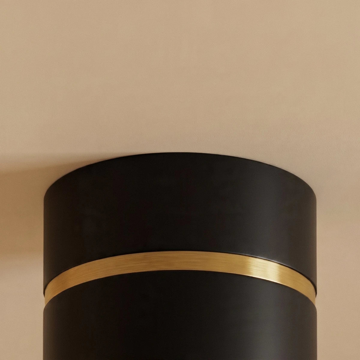 Clérachic surface-mounted downlight in close detail, showing the black cylinder body and brushed brass accent ring.