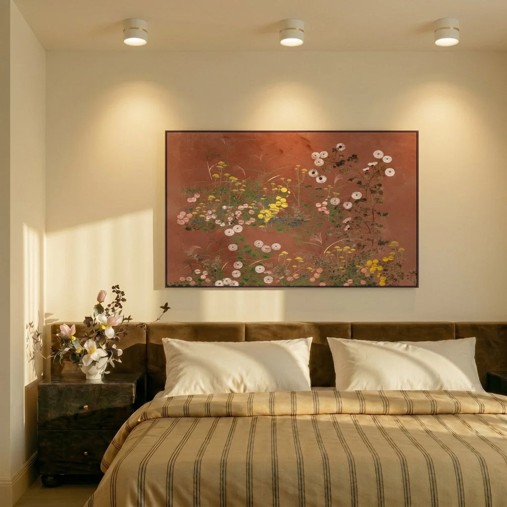 Clérachic white surface-mounted downlights spaced above a bed, lighting a framed floral painting on the wall.