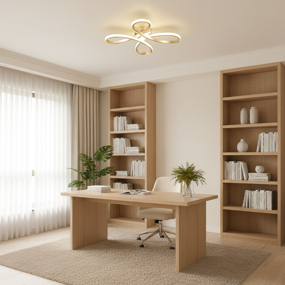 A Clérachic ceiling light above a pale wooden desk in a home study, with open bookshelves, a green plant and sheer curtains.