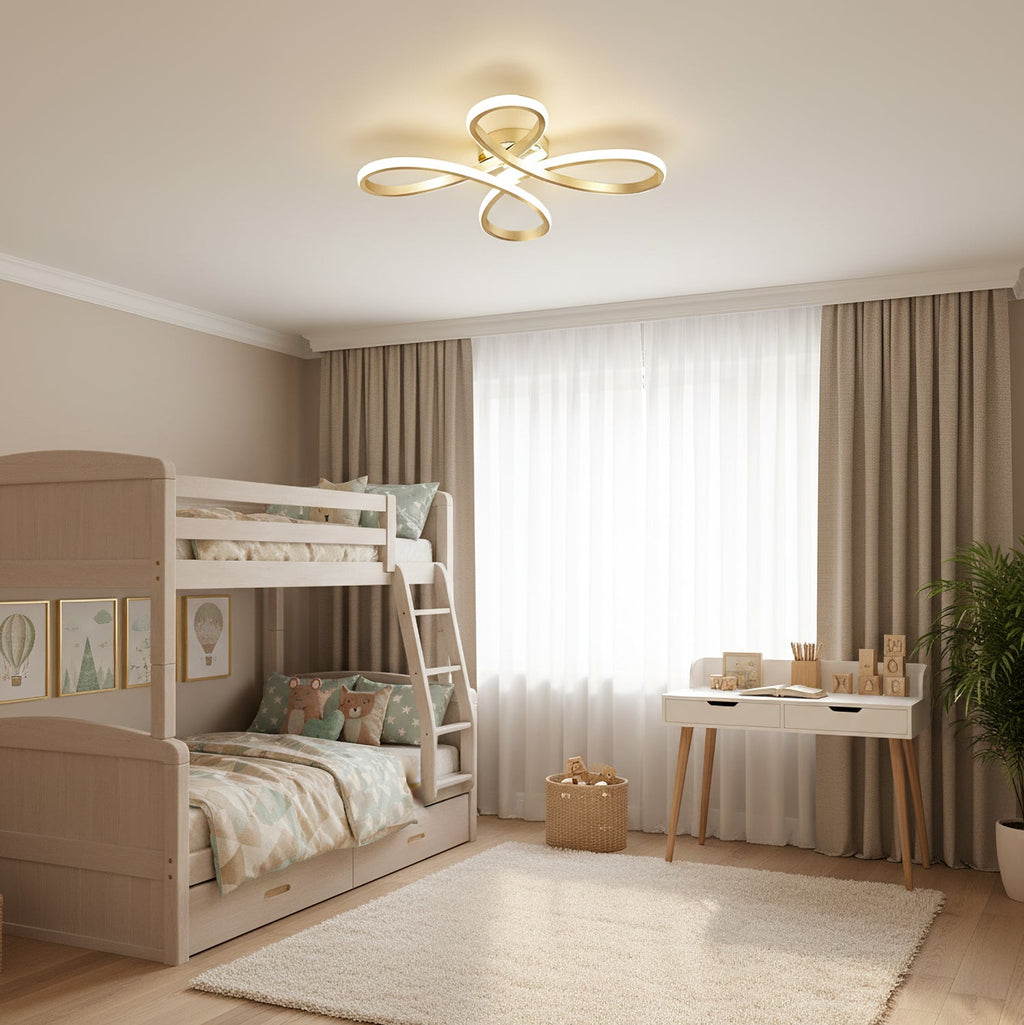 Clérachic ceiling light glowing over a child's bedroom with a wooden bunk bed, a small white desk and soft beige curtains.
