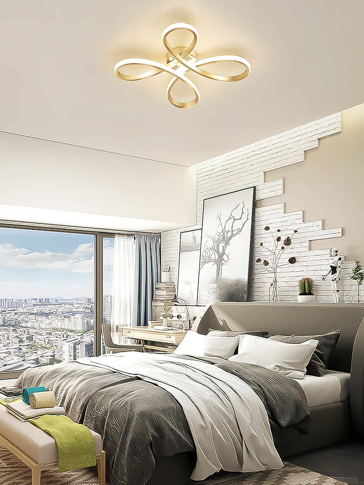 A Clérachic ceiling light lit above a city-view bedroom with a grey bed, a white brick feature wall and a floor-to-ceiling window.