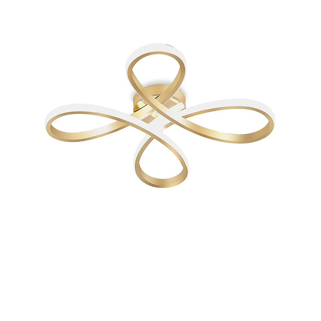 Clérachic gold ceiling light from below on a white background, its four ribbon loops crossing at a round gold centre.
