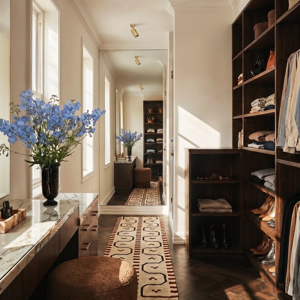 Clérachic gold short-stem ceiling spotlights in a dressing room with a marble-topped dresser, wooden shelving and a patterned runner.