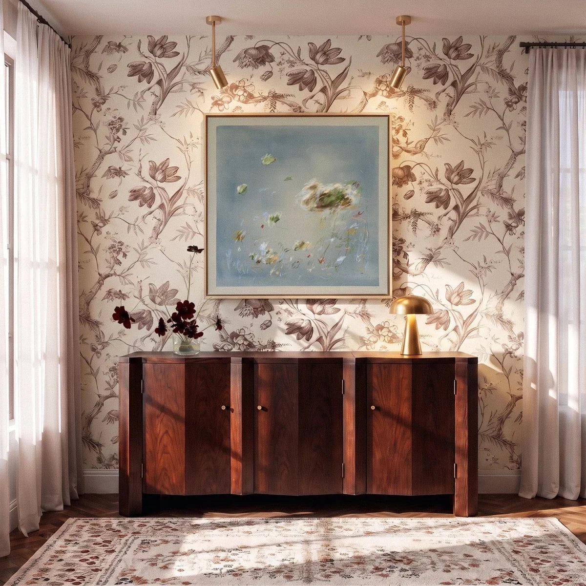 Two Clérachic gold rod-mounted spotlights aimed at a framed painting on floral wallpaper above a walnut sideboard.
