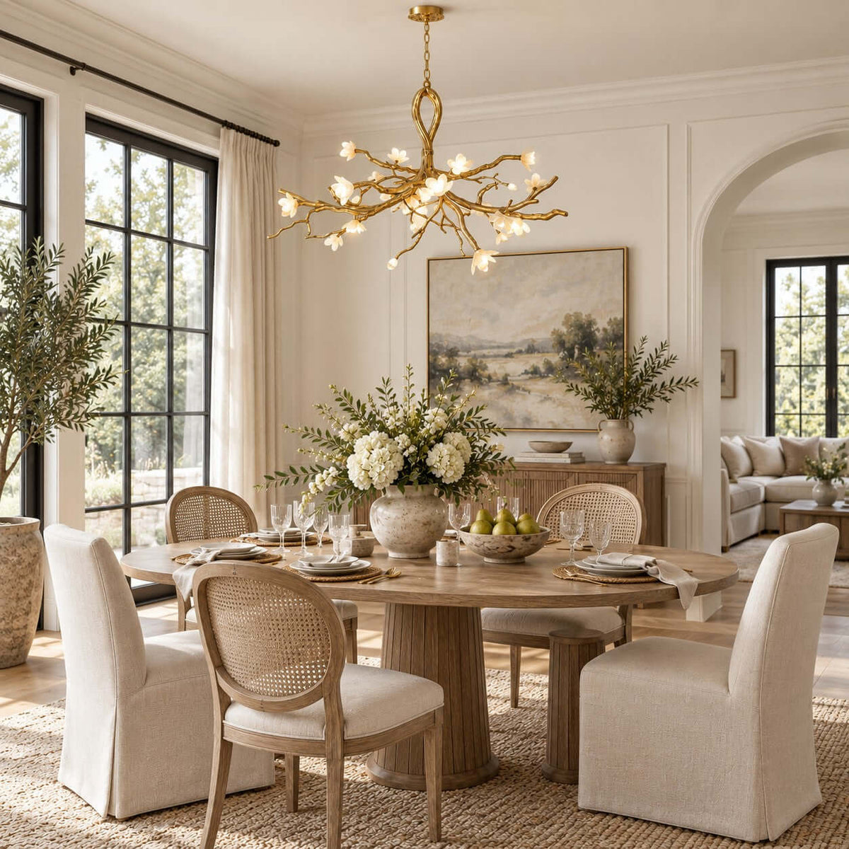 The Clérachic chandelier hangs over a round pale-wood dining table with cane-backed chairs, beside tall black-framed windows.