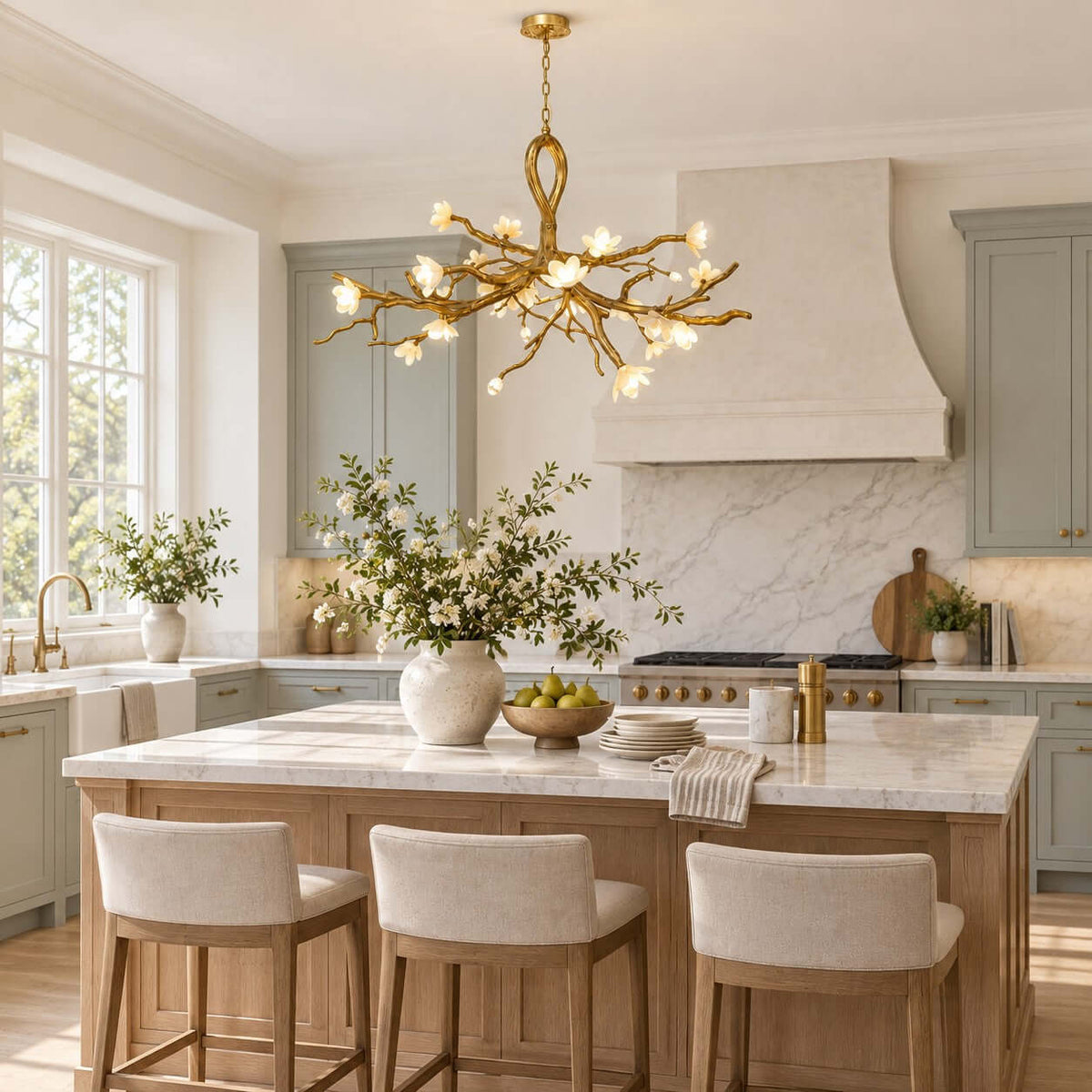 A lit Clérachic gold branch chandelier above a marble kitchen island with linen stools and sage-blue cabinets behind.