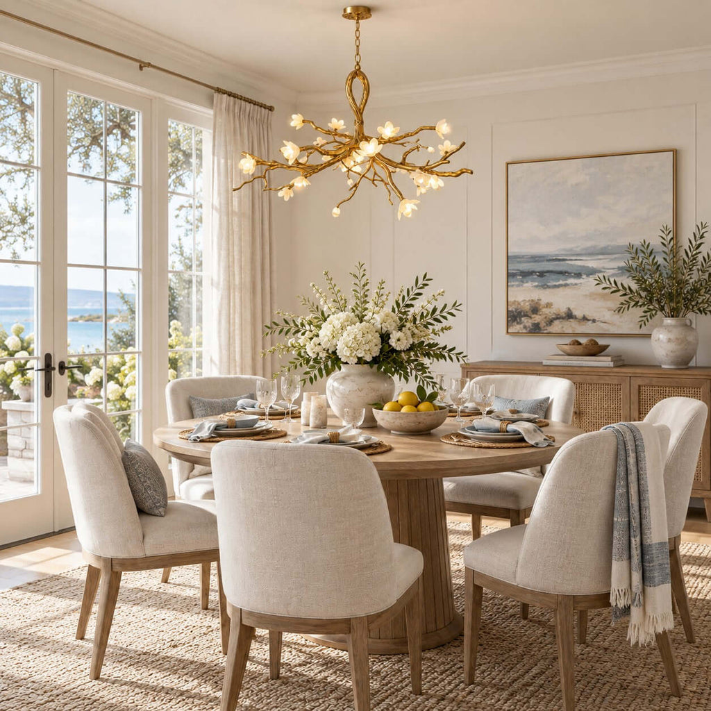 Seen from the side, the Clérachic chandelier glows above a round dining table, with French doors open to a sea view.