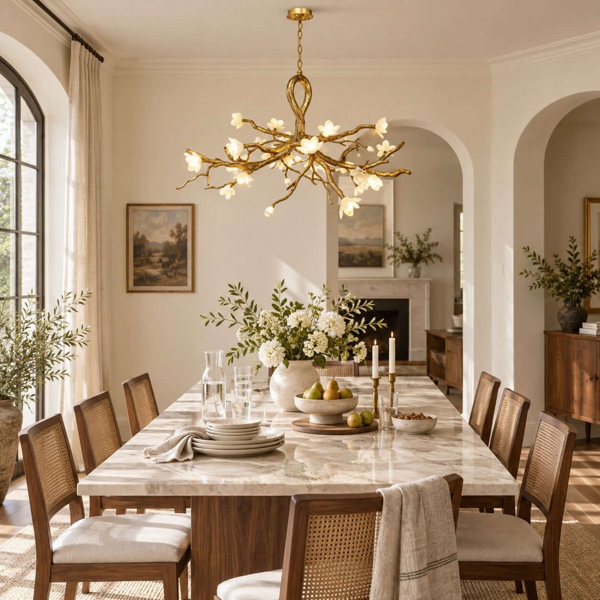 A Clérachic chandelier with gold branch arms hangs over a long marble-topped dining table with cane chairs, an arched doorway behind.
