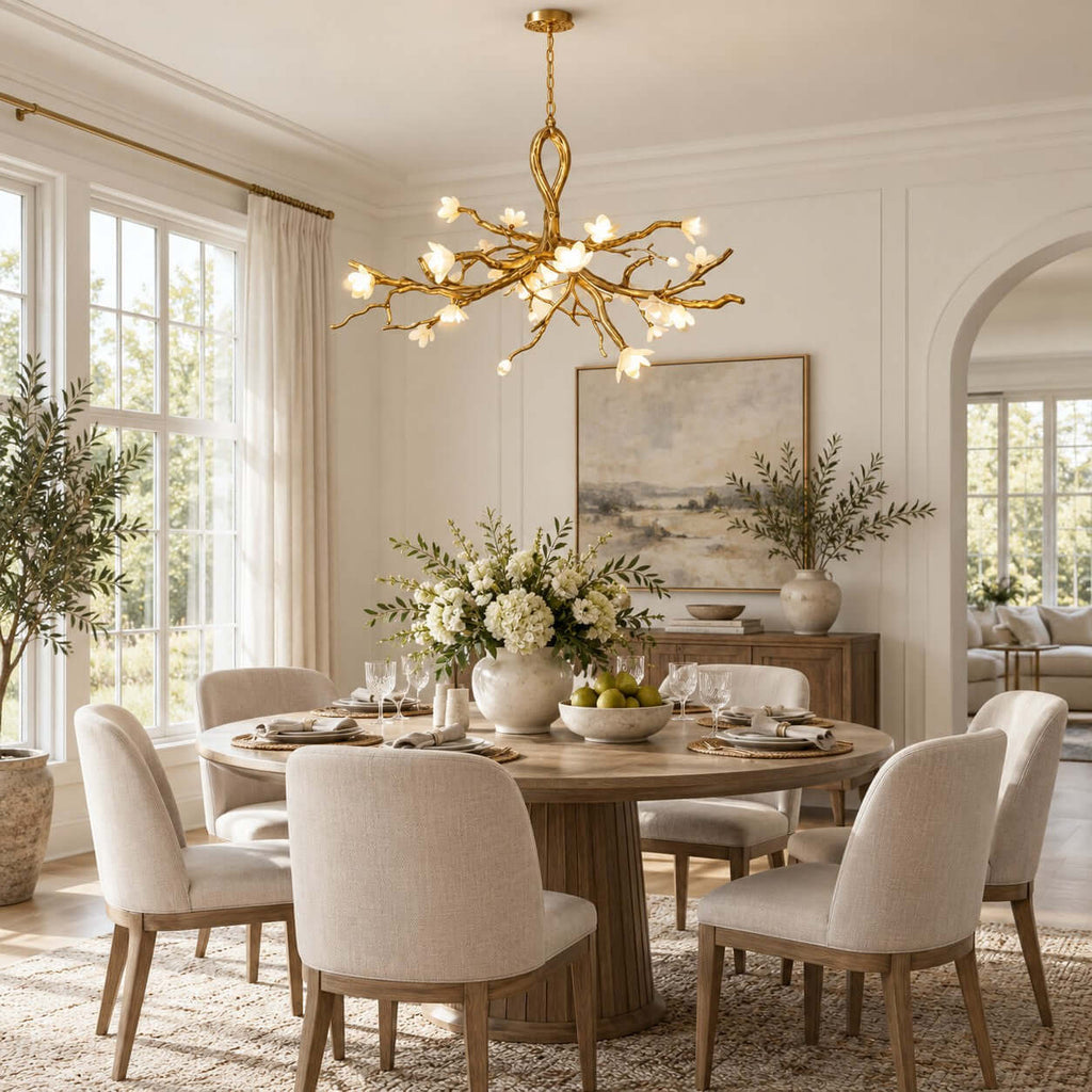 The Clérachic chandelier lit above a round table with cream upholstered chairs, in a bright room with tall windows and an olive tree.