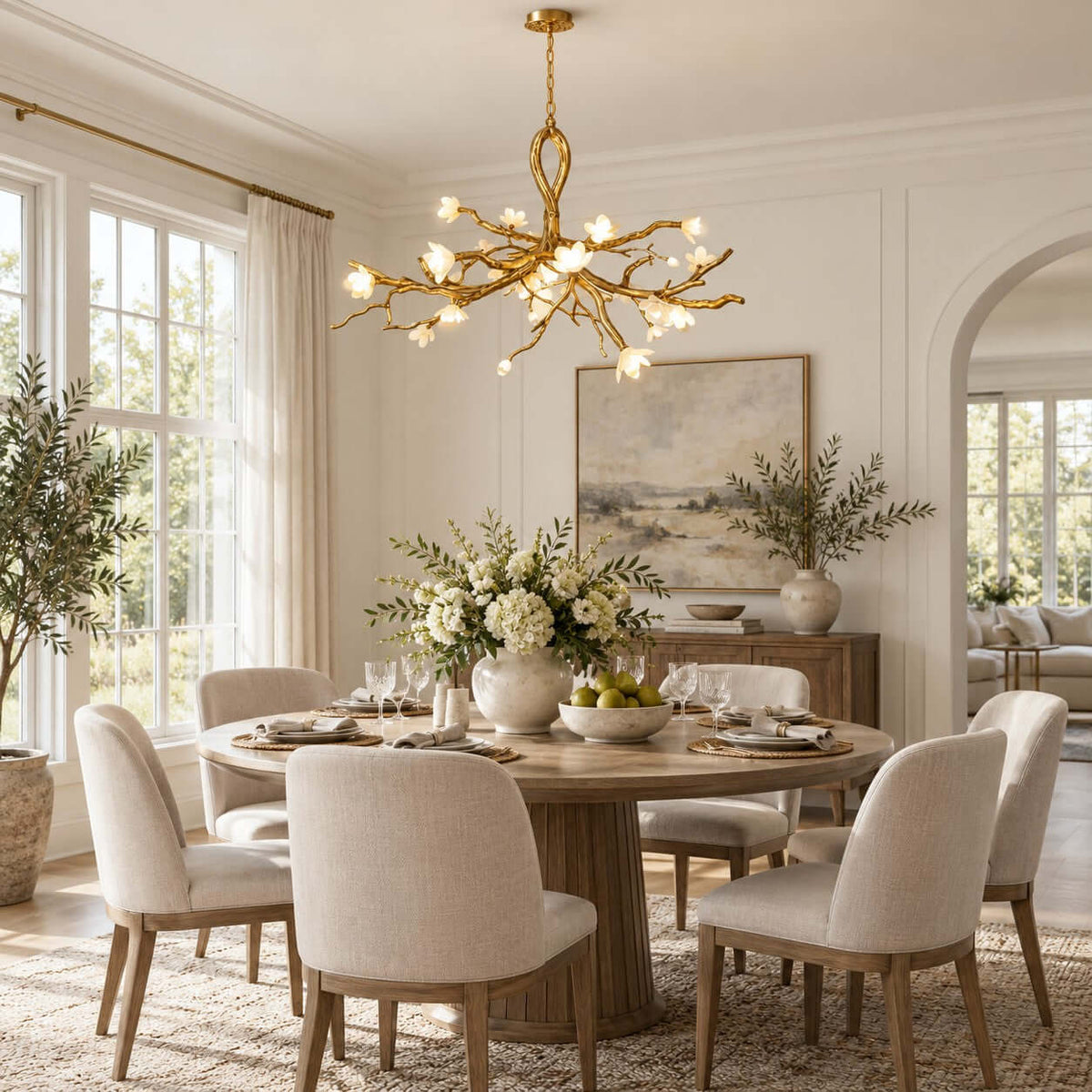 The Clérachic chandelier lit above a round table with cream upholstered chairs, in a bright room with tall windows and an olive tree.