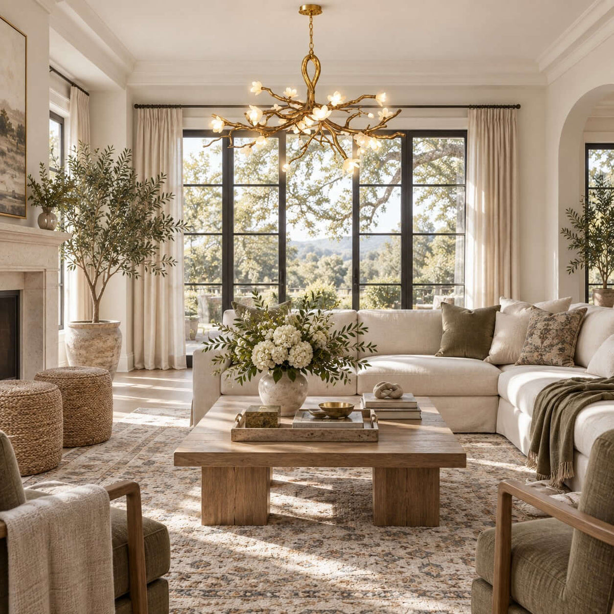 A Clérachic chandelier hangs in a living room with a cream sofa, a chunky wood coffee table and large windows onto trees.