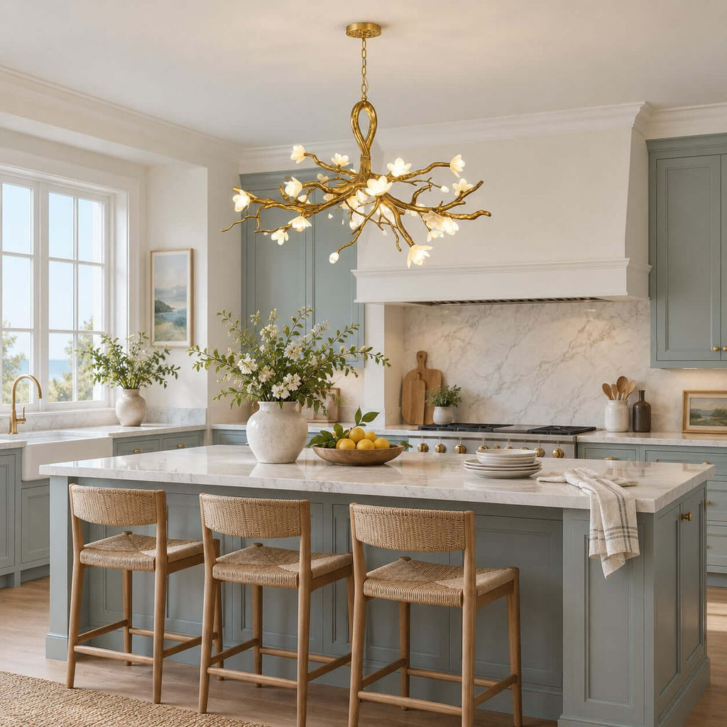 A Clérachic gold chandelier lit above a blue-grey kitchen island with woven stools, beside a window and marble splashback.