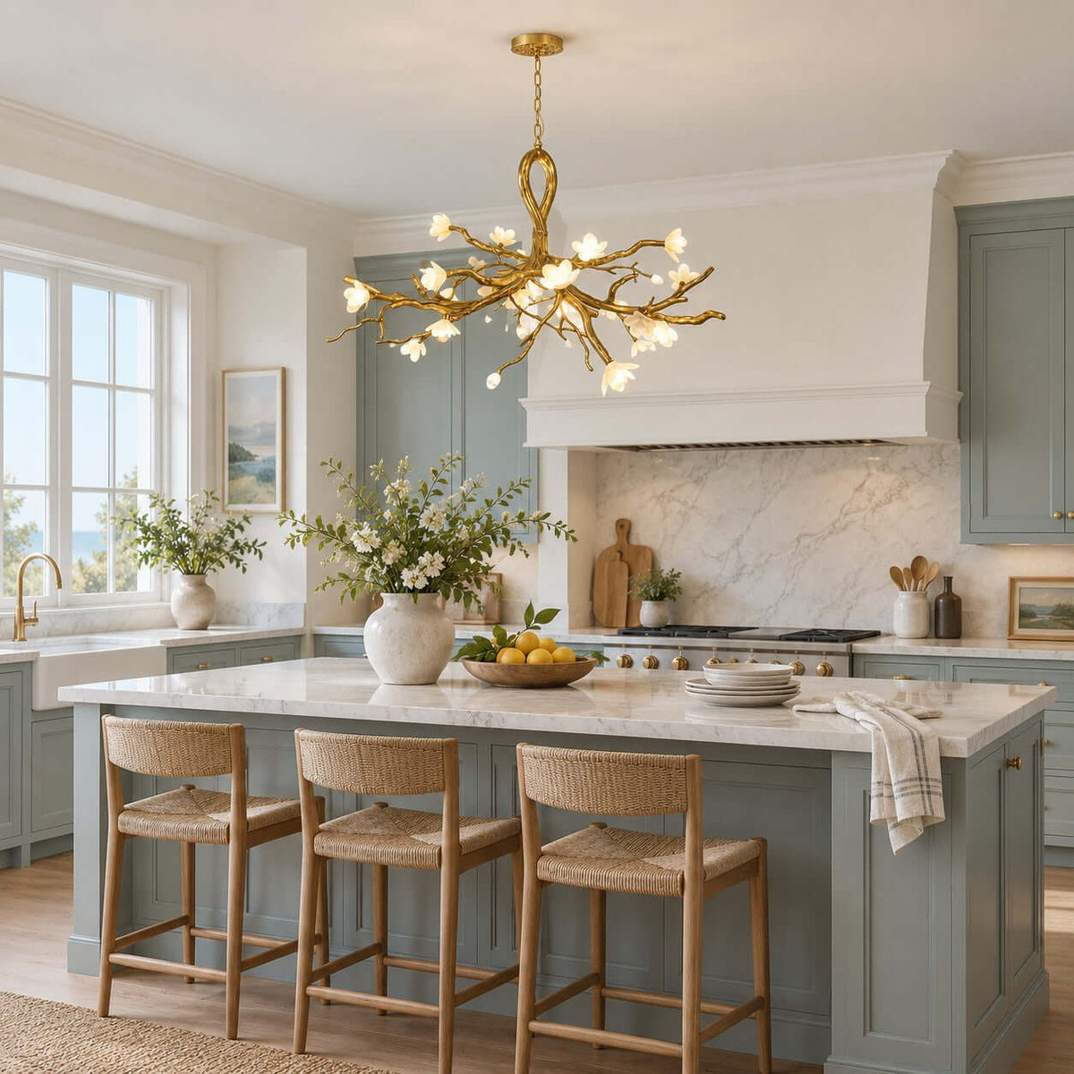A Clérachic gold chandelier lit above a blue-grey kitchen island with woven stools, beside a window and marble splashback.