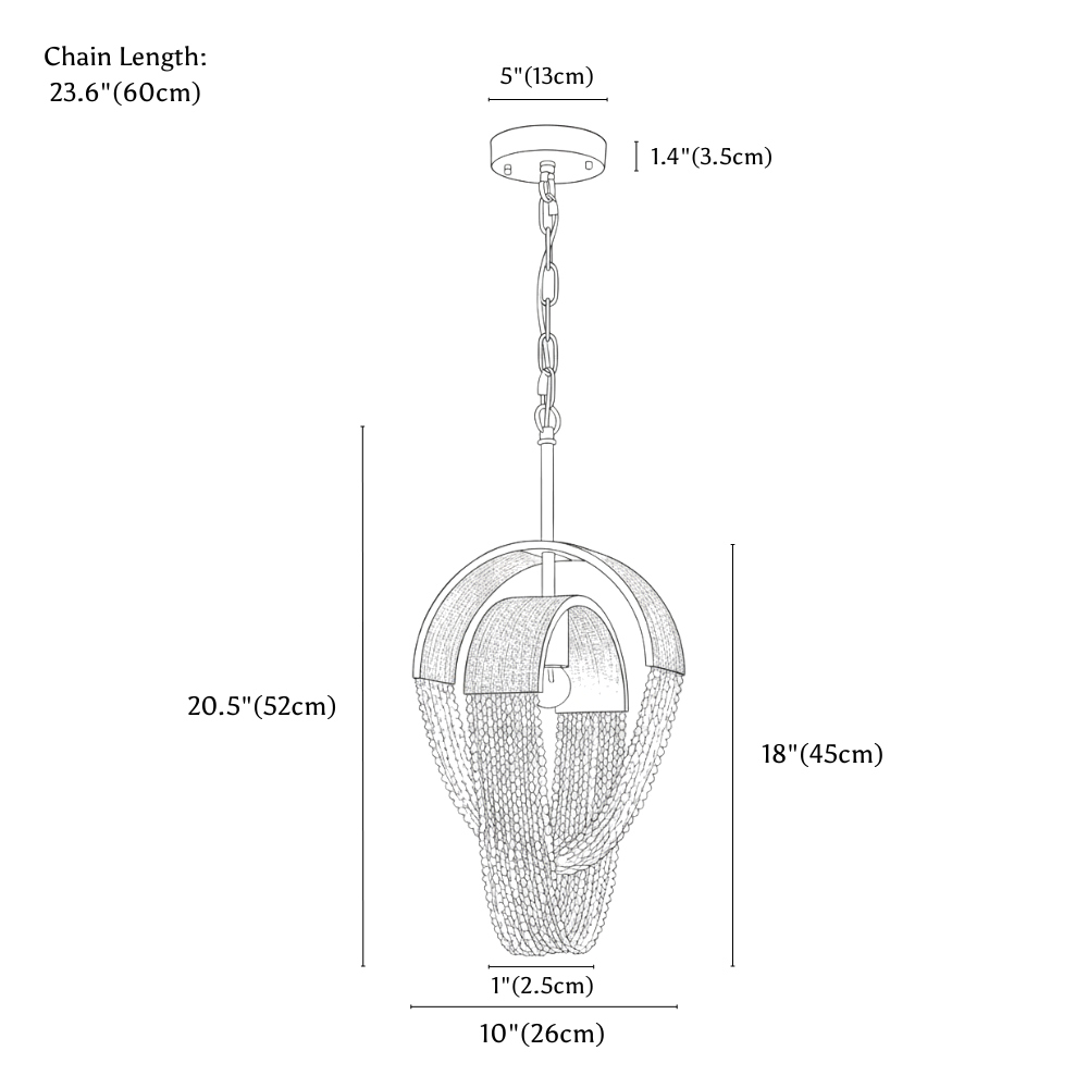 Clérachic chandelier dimension drawing, 26 cm × 52 cm, every measurement marked in centimetres and inches.