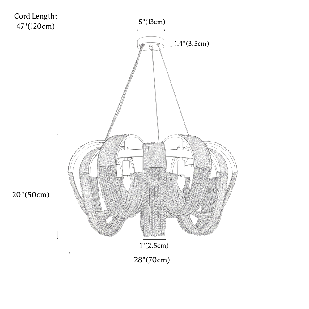 Clérachic chandelier dimension drawing, 70 cm × 50 cm, every measurement marked in centimetres and inches.