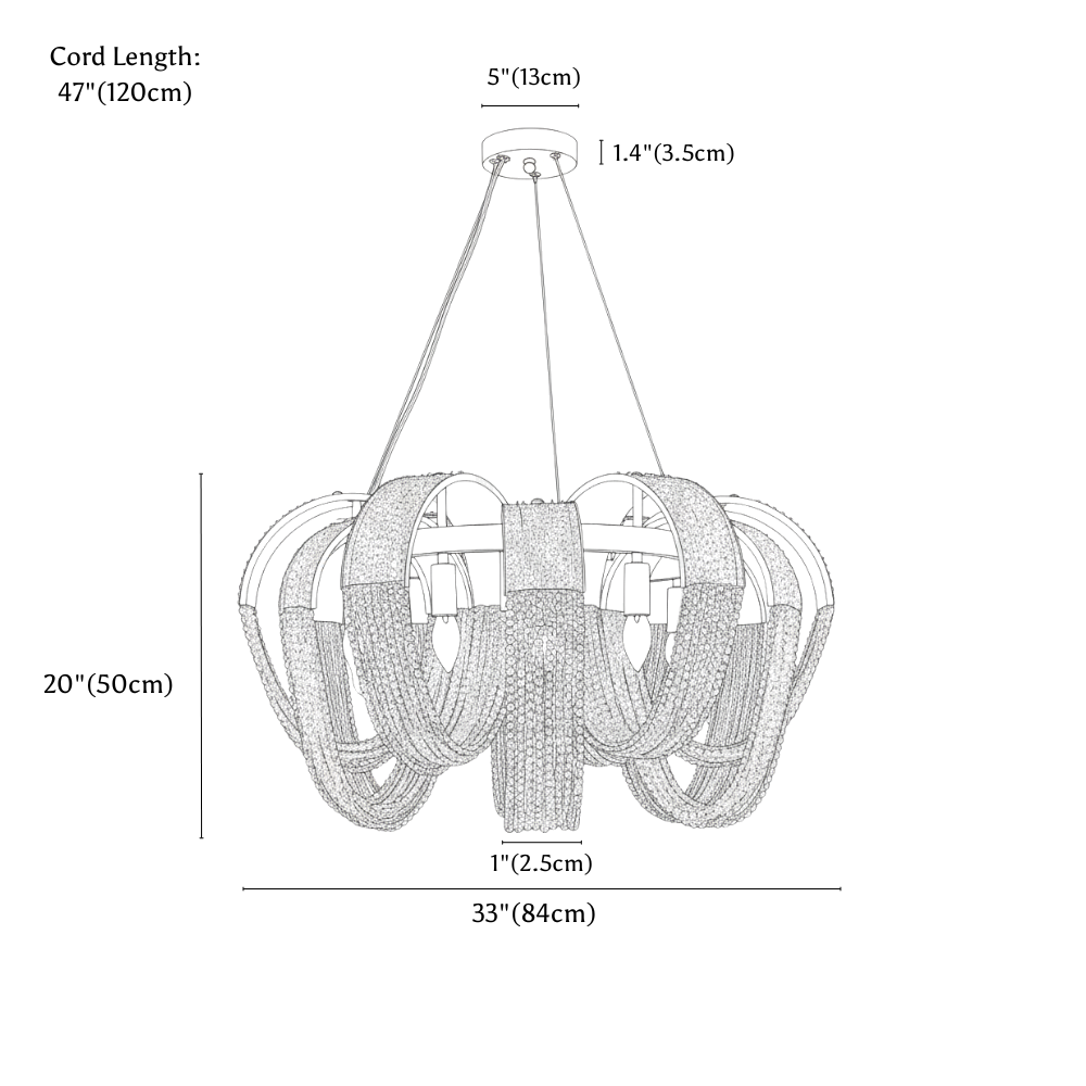 Clérachic chandelier dimension drawing, 84 cm × 50 cm, every measurement marked in centimetres and inches.