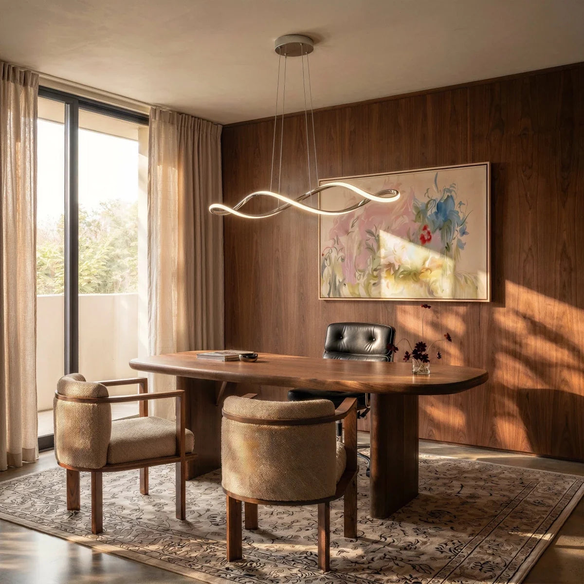 A Clérachic chandelier in chrome hangs above a walnut dining table in a wood-panelled room.