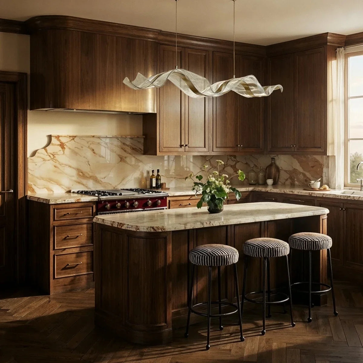 Two lit Clérachic wave chandeliers hang side by side above a marble-topped kitchen island.