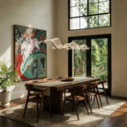 A lit Clérachic wave chandelier stretches above a long walnut dining table in a tall sunlit room.