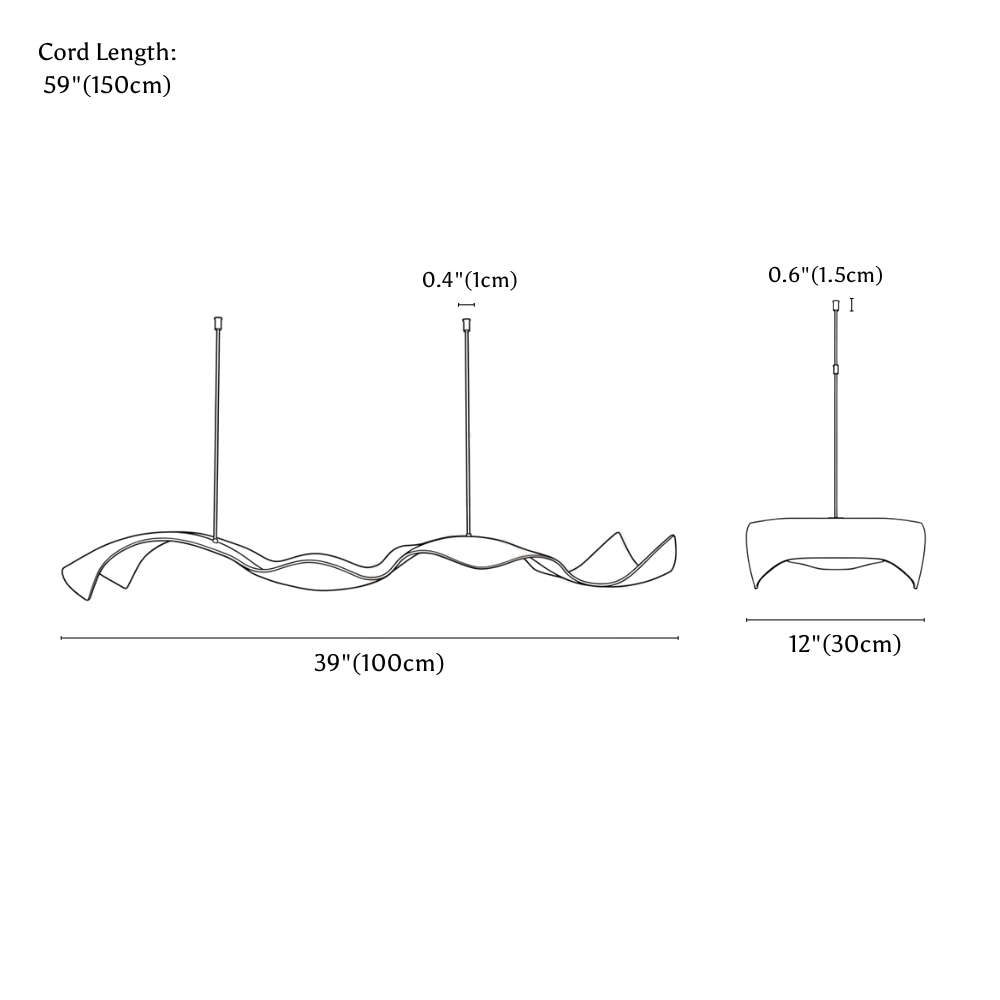 Clérachic chandelier dimension drawing, 100 cm, every measurement marked in centimetres and inches.