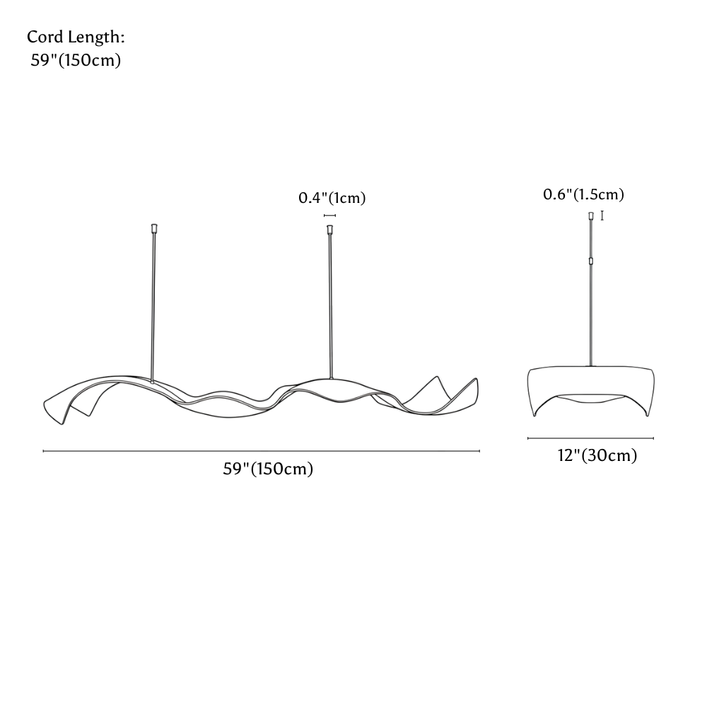 Clérachic chandelier dimension drawing, 150 cm, every measurement marked in centimetres and inches.