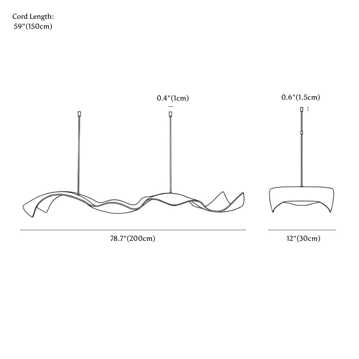 Clérachic chandelier dimension drawing, 200 cm, every measurement marked in centimetres and inches.