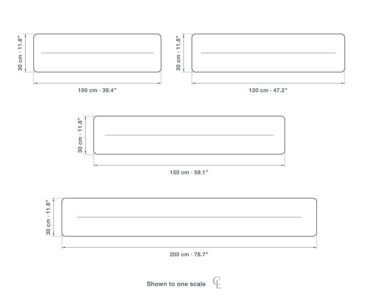 Technical dimension drawing of the Clérachic Gold Chandelier for Dining Table, Undulating Acrylic, 150 cm in 4 sizes — 100 × 30 cm (39.4 × 11.8″), 120 × 30 cm (47.2 × 11.8″), 150 × 30 cm (59.1 × 11.8″), 200 × 30 cm (78.7 × 11.8″), drawn to one scale.