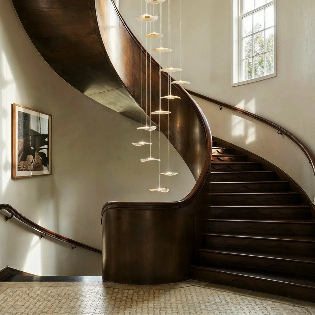 Clérachic staircase chandelier in black cascading down a curved wood-railed stairwell above a mosaic tile floor.