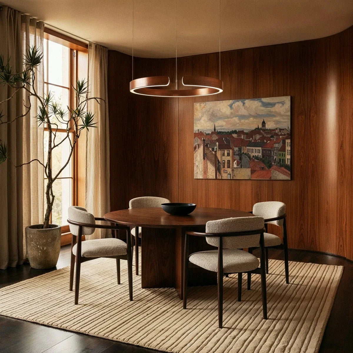 A rose gold Clérachic ring chandelier hangs low over a round walnut dining table in a wood-paneled room.