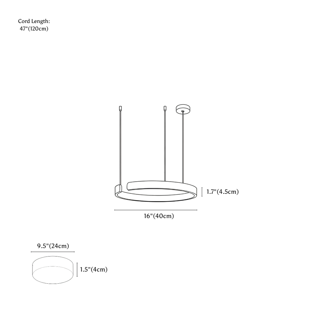 Clérachic chandelier dimension drawing, 1 Ring, 40 cm, 24 W, every measurement marked in centimetres and inches.