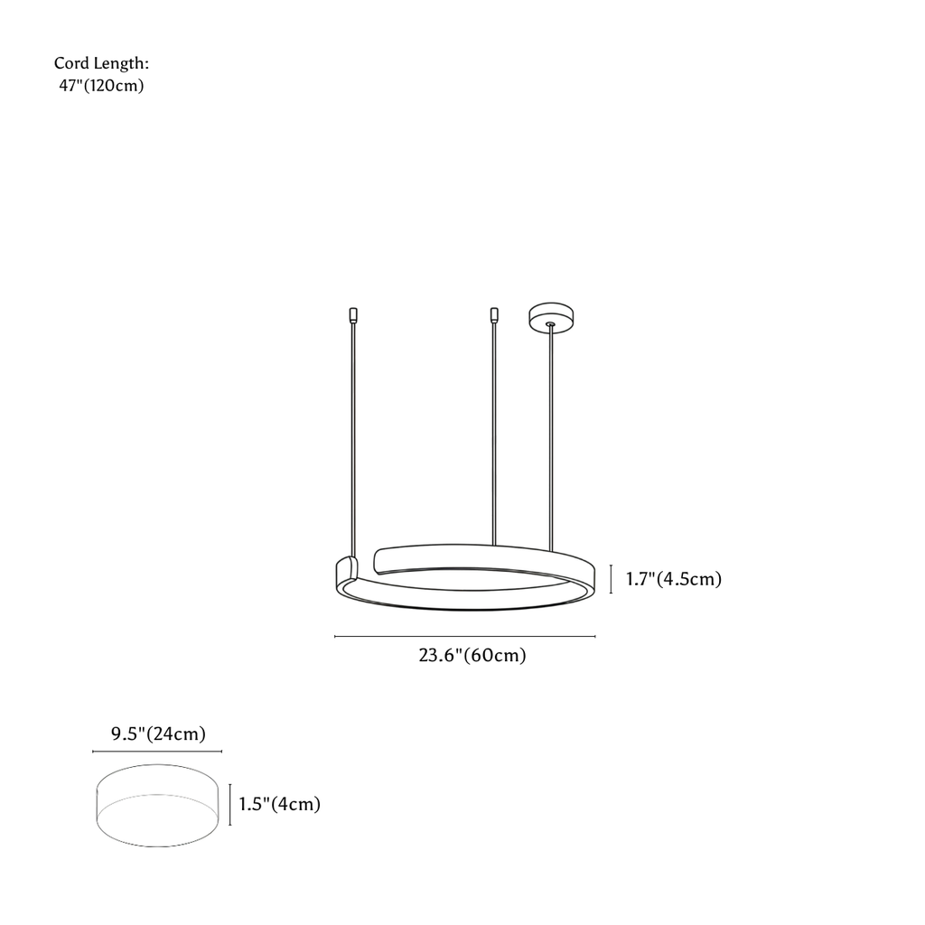 Clérachic chandelier dimension drawing, 1 Ring, 60 cm, 36 W, every measurement marked in centimetres and inches.