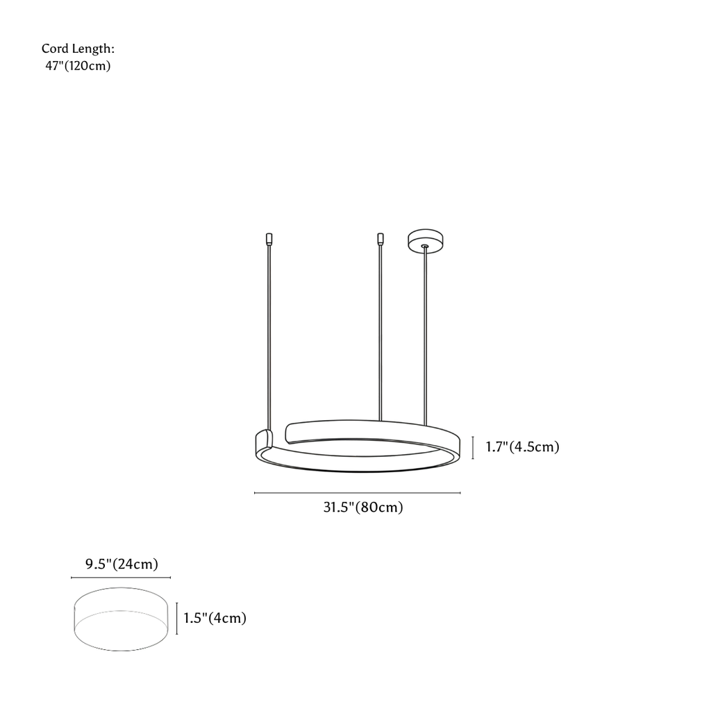 Clérachic chandelier dimension drawing, 1 Ring, 80 cm, 48 W, every measurement marked in centimetres and inches.