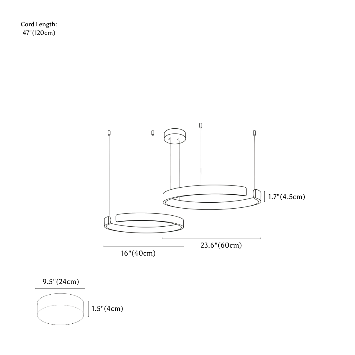 Clérachic chandelier dimension drawing, 2 Ring, 40 cm 60 cm, 60 W, every measurement marked in centimetres and inches.