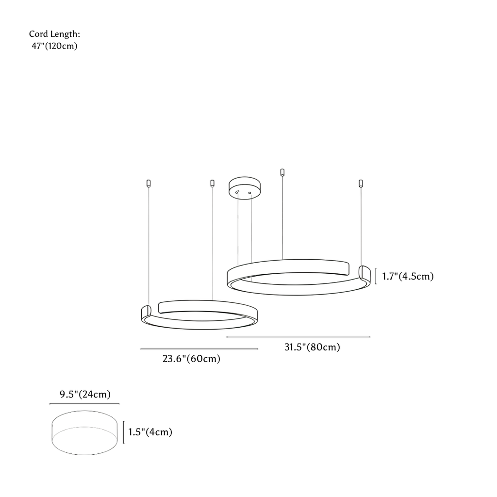 Clérachic chandelier dimension drawing, 2 Ring, 60 cm 80 cm, 84 W, every measurement marked in centimetres and inches.