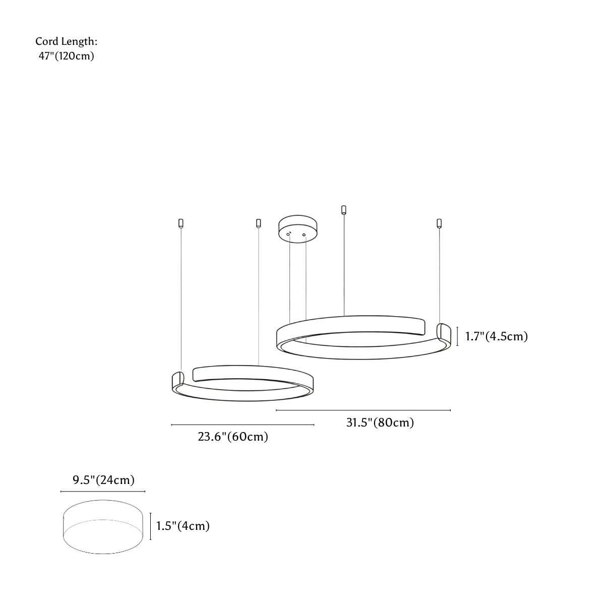 Clérachic chandelier dimension drawing, 2 Ring, 60 cm 80 cm, 84 W, every measurement marked in centimetres and inches.