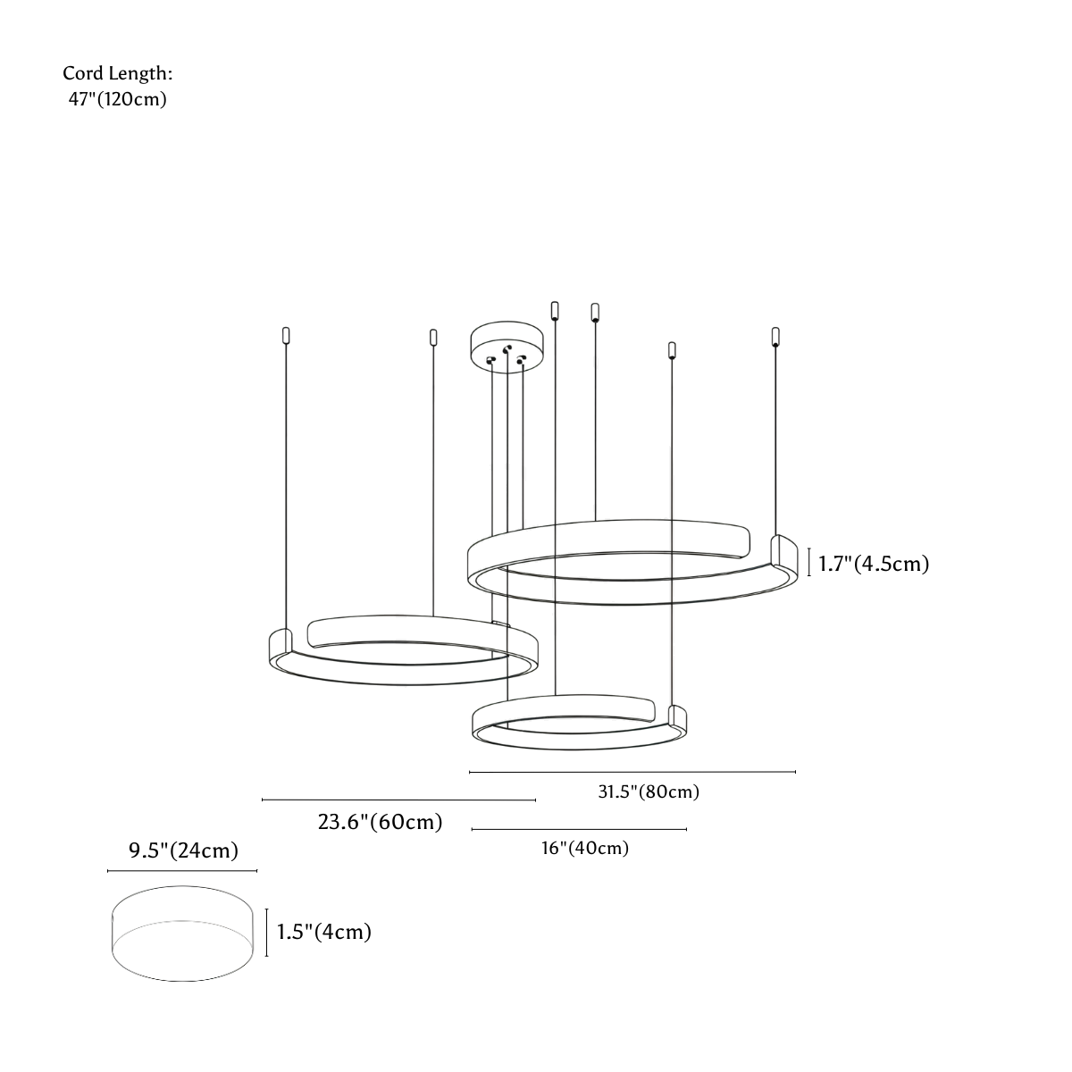 Clérachic chandelier dimension drawing, 3 Rings, 40 cm 60 cm 80 cm, 108 W, every measurement marked in centimetres and inches.