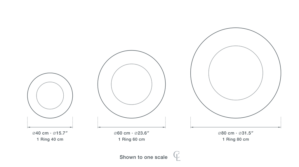 Technical dimension drawing of the Clérachic Gold Chandelier for Living Room, Adjustable Ring, 80 cm in 3 sizes — 1 Ring 40 cm at 40 cm (15.7″) across, 1 Ring 60 cm at 60 cm (23.6″) across, 1 Ring 80 cm at 80 cm (31.5″) across, drawn to one scale.