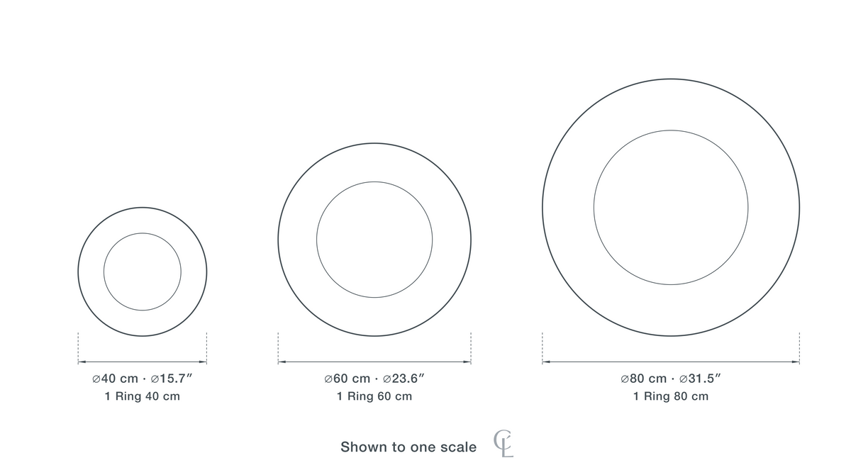 Technical dimension drawing of the Clérachic Gold Chandelier for Living Room, Adjustable Ring, 80 cm in 3 sizes — 1 Ring 40 cm at 40 cm (15.7″) across, 1 Ring 60 cm at 60 cm (23.6″) across, 1 Ring 80 cm at 80 cm (31.5″) across, drawn to one scale.