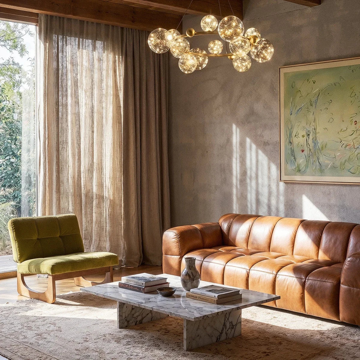 Clérachic chandelier in gold suspended over a leather sofa, its glowing glass globes ringing a brass frame.