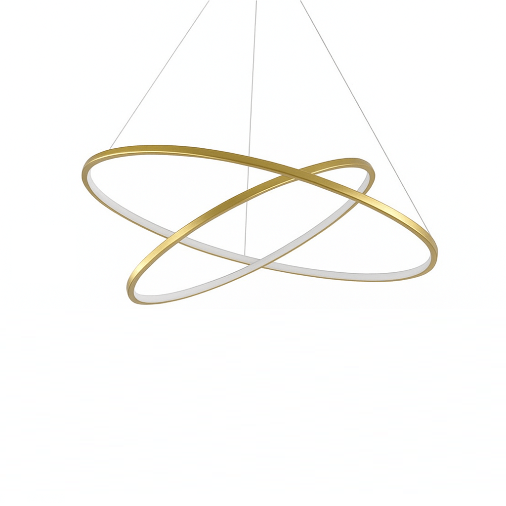 Clérachic gold two-ring LED chandelier with two crossed oval rings of slim metal, hung on fine cables, shown unlit on white.