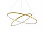 Clérachic gold two-ring LED chandelier with two crossed oval rings of slim metal, hung on fine cables, shown unlit on white.