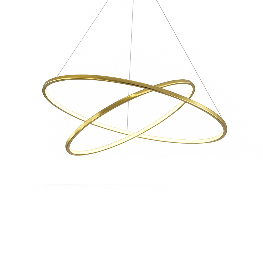 Clérachic gold two-ring LED chandelier lit with a warm glow along both crossed rings, shown on a plain white background.