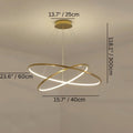 Clérachic gold two-ring LED chandelier with its canopy, ring and drop measurements marked in cm and inches.