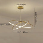 Clérachic gold two-ring LED chandelier with its canopy, ring and drop measurements marked in cm and inches.