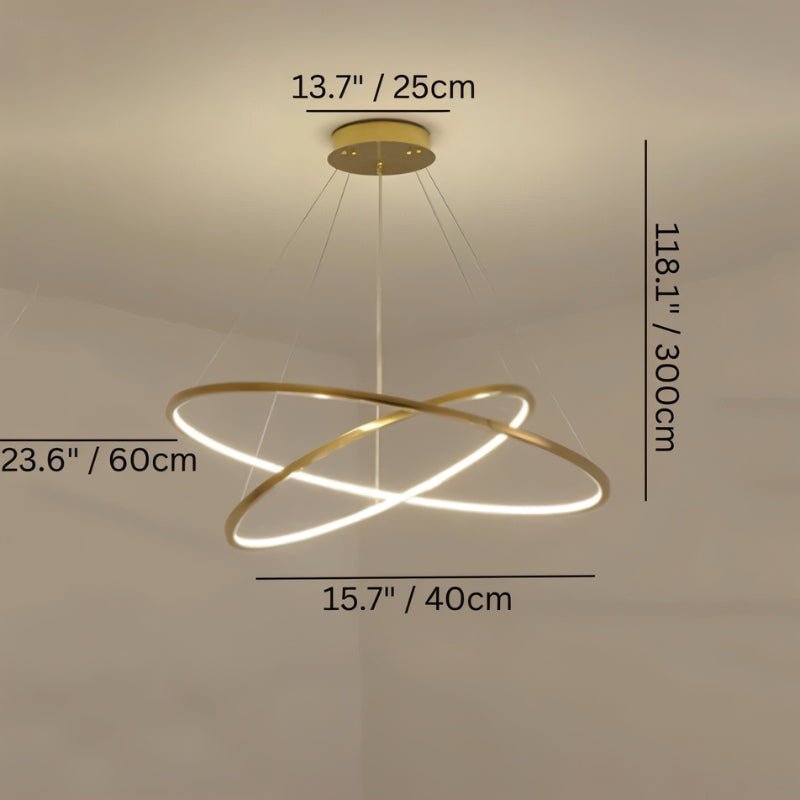Clérachic gold two-ring LED chandelier with its canopy, ring and drop measurements marked in cm and inches.